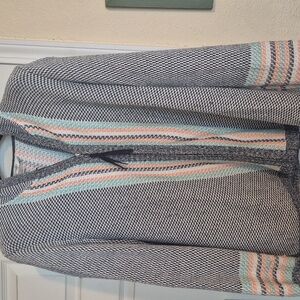 CJ Banks Navy Blue and White Cardigan with Teal And Orange Stripes. 1X